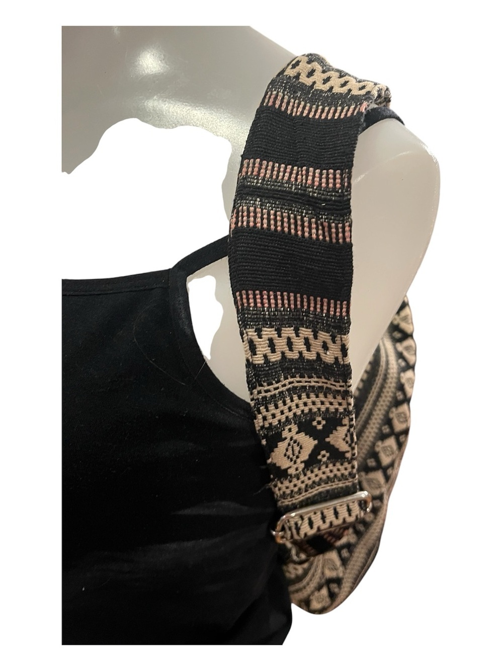 Woven Black & Cream Boho Drawstring Backpack with Leather Tassels - Picture 3 of 10